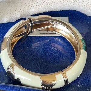 White Enamel Geometric Pattern Accented with Clear Crystals in Gold Hinged New W